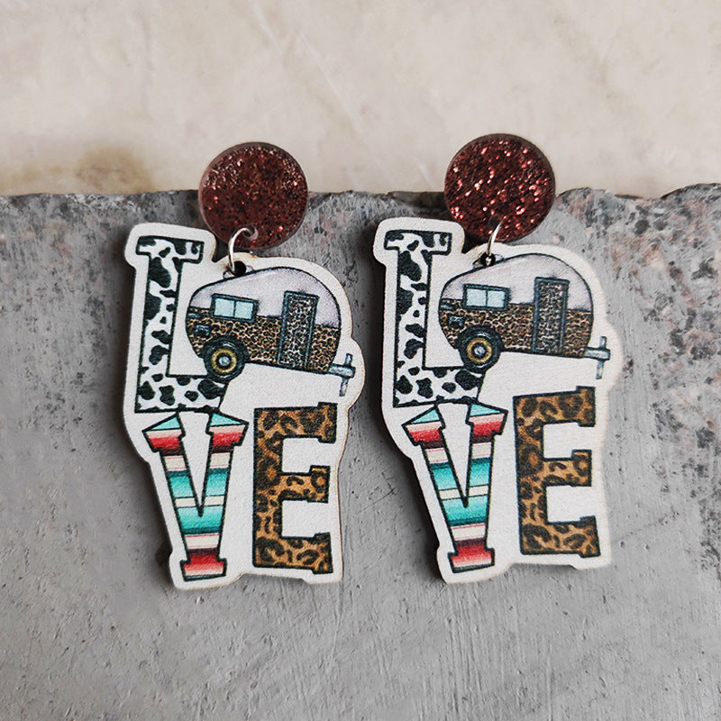 Wholesale Love Cow Print Leopard Print Campfire RV Camping Wooden Earrings
